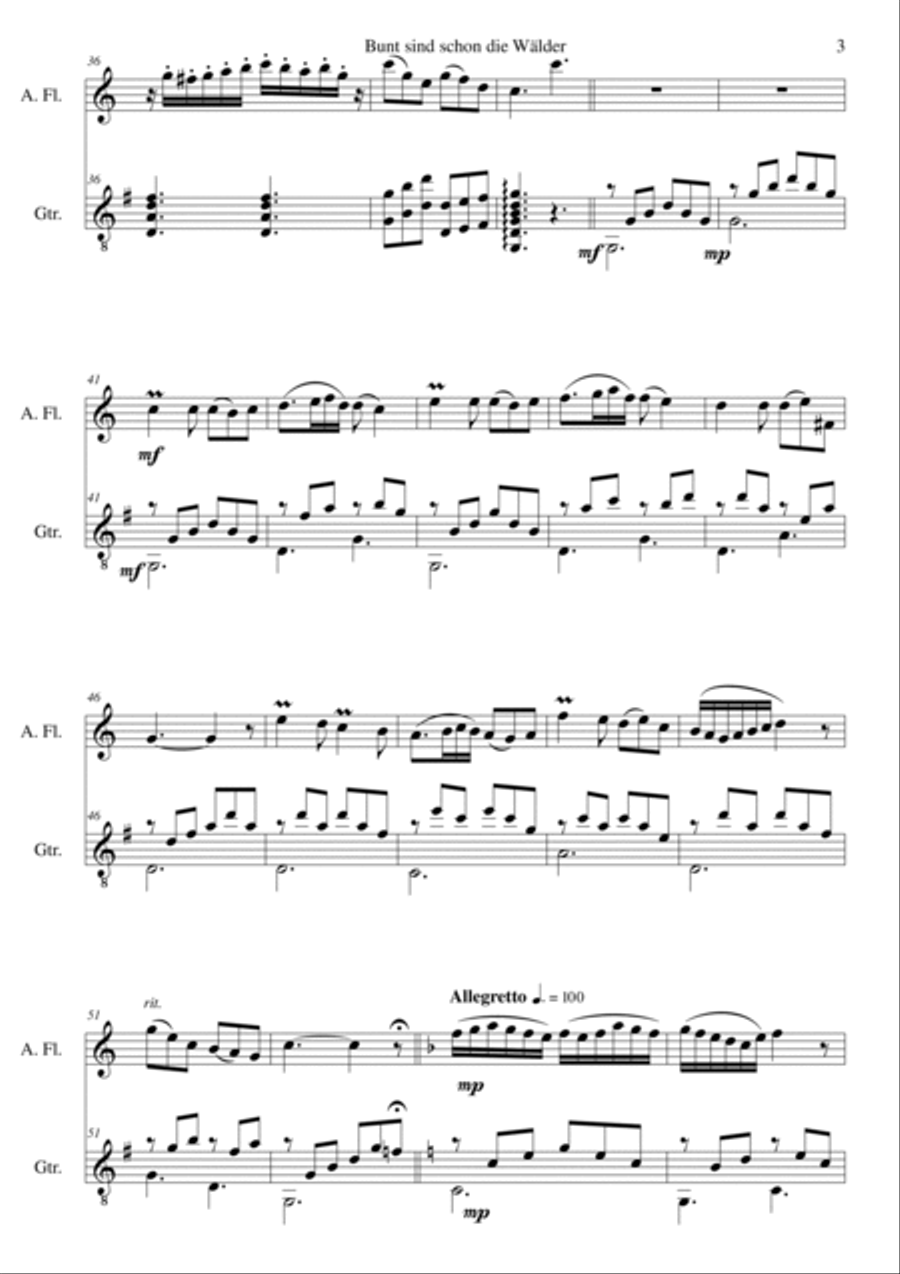 Bunt sind schon die Wälder (Woods in autumn colours) for alto flute and guitar Flute scores gallery preview page 3