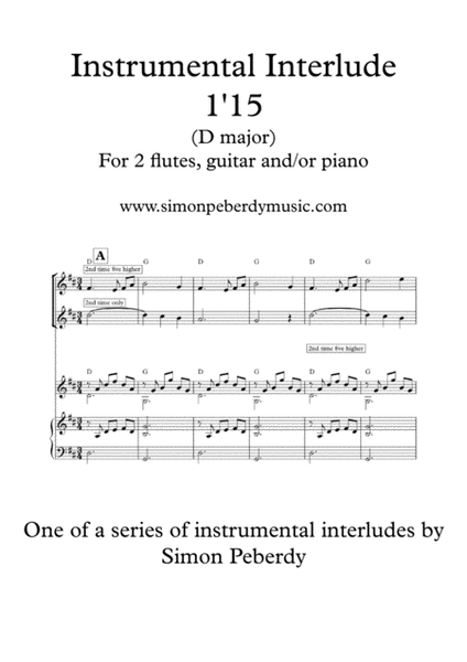 Melodious Instrumental Interlude 1'15 in D for 2 flutes, guitar and/or piano by Simon Peberdy image number null