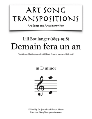 Book cover for BOULANGER: Demain fera un an (transposed to D minor)