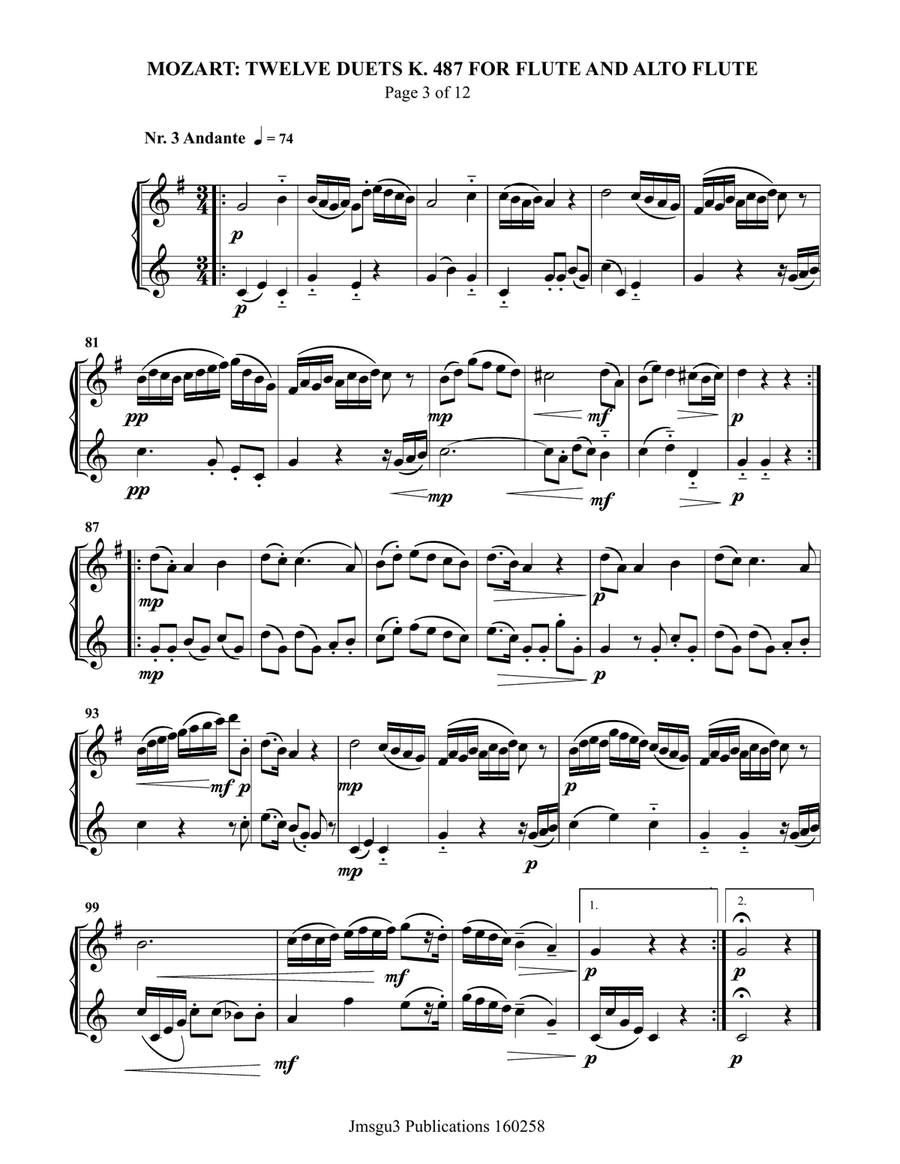 Mozart: Twelve Duets K. 487 for Flute & Alto Flute Flute Duet scores gallery preview page 3