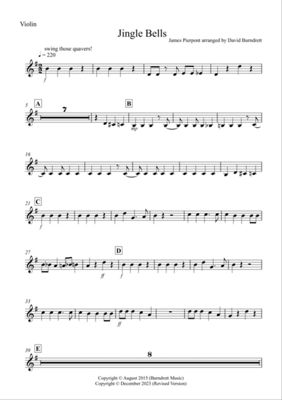 Jingle Bells (Jazzy Style!) for Violin, Alto and Tenor Saxophone Trio Tenor Saxophone scores gallery preview page 5