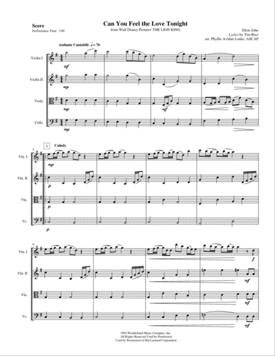 Can You Feel The Love Tonight String Quartet scores gallery preview page 5