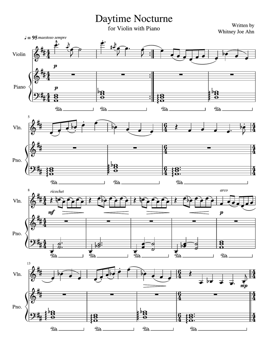 Daytime Nocturne for Solo Violin with Piano Violin Solo - Digital Sheet Music