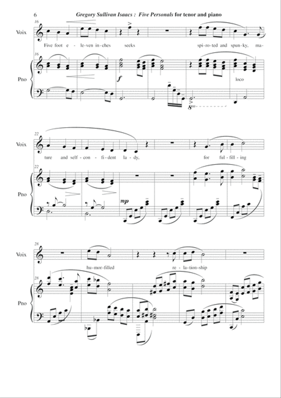 Gregory Sullivan Isaacs: Five Personals for tenor voice and piano Tenor Voice scores gallery preview page 6