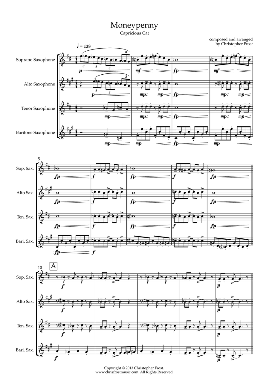 Moneypenny - Capricious Cat from The Cat Suite (saxophone quartet - SATB) Saxophone Quartet scores gallery preview page 1