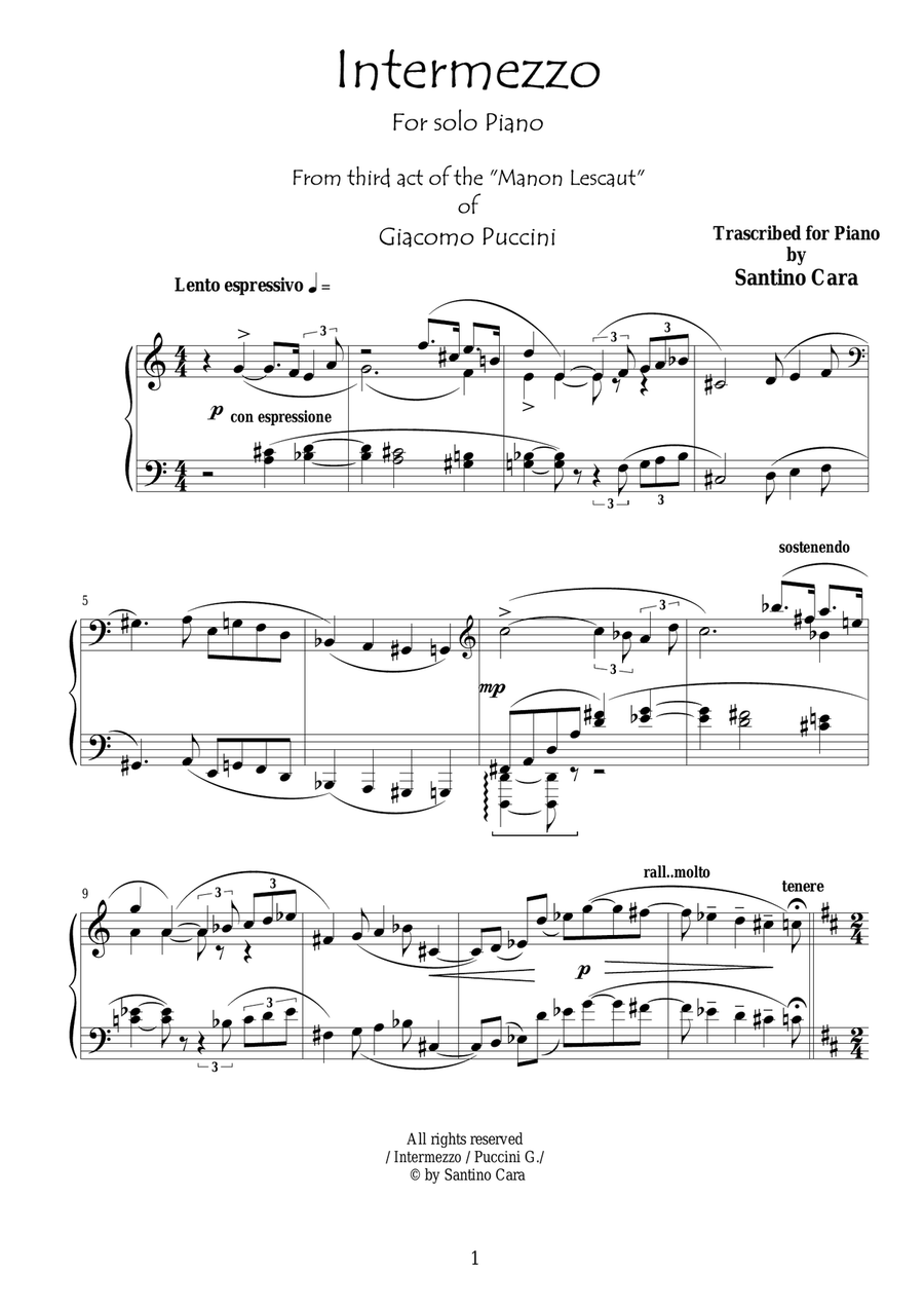 Puccini - Manon Lescaut (Act3) Intermezzo - Solo Piano Piano Solo scores gallery preview page 1