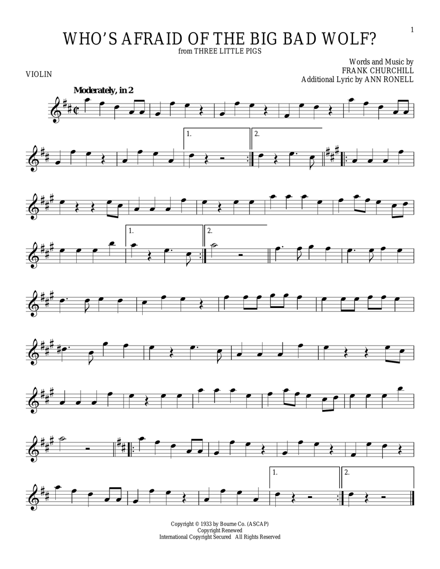 Who's Afraid Of The Big Bad Wolf? (from Three Little Pigs) Violin Solo scores gallery preview page 1