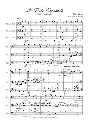 Folia Española by Marin Marais for 3 violoncellos