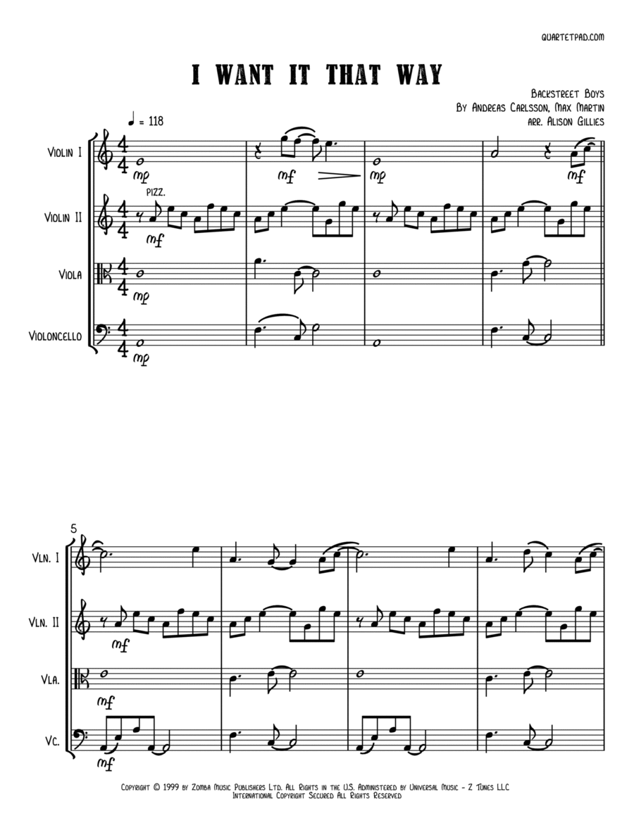 I Want It That Way String Quartet scores gallery preview page 1