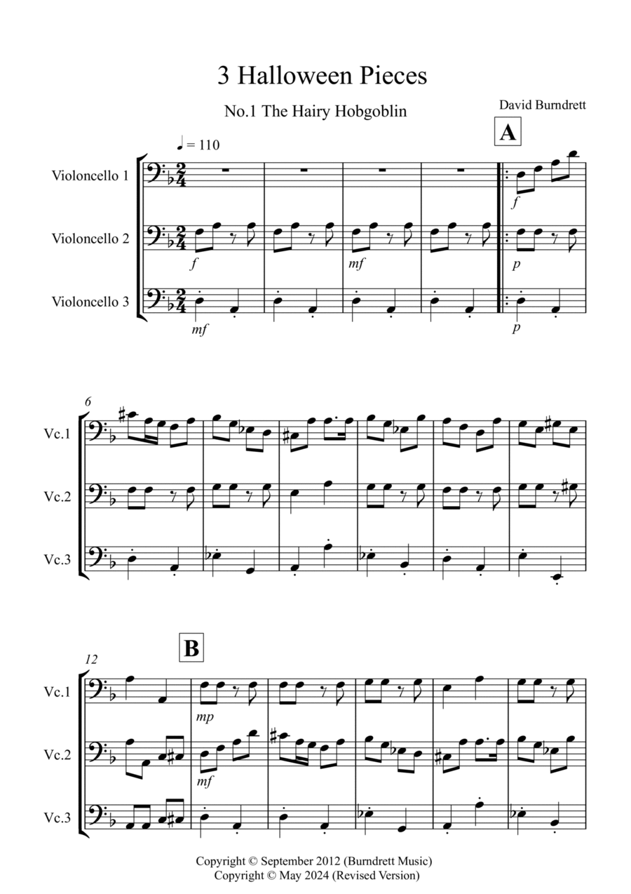 3 Halloween Pieces for Cello Trio Cello Solo scores gallery preview page 1