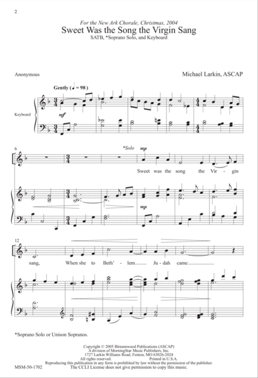 Sweet Was the Song the Virgin Sang 4-Part scores gallery preview page 2