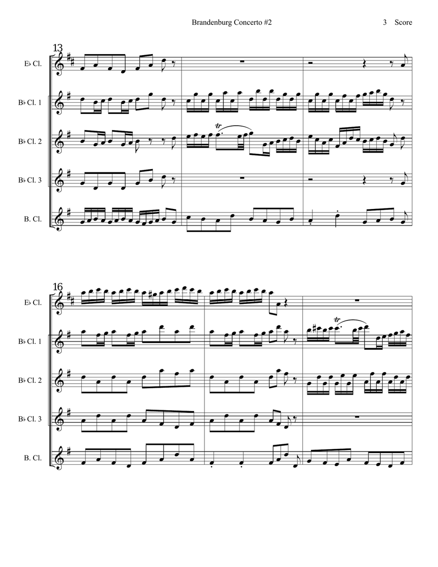 Bach Brandenburg Concerto #2 for clarinet quintet or choir Clarinet Quintet scores gallery preview page 4