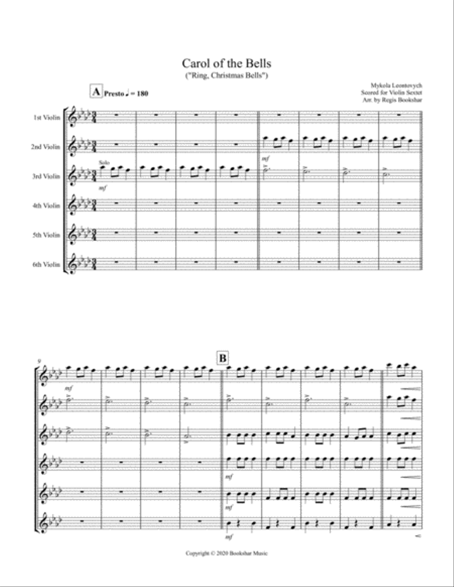 Carol of the Bells (F min) (Violin Sextet) Violin scores gallery preview page 1
