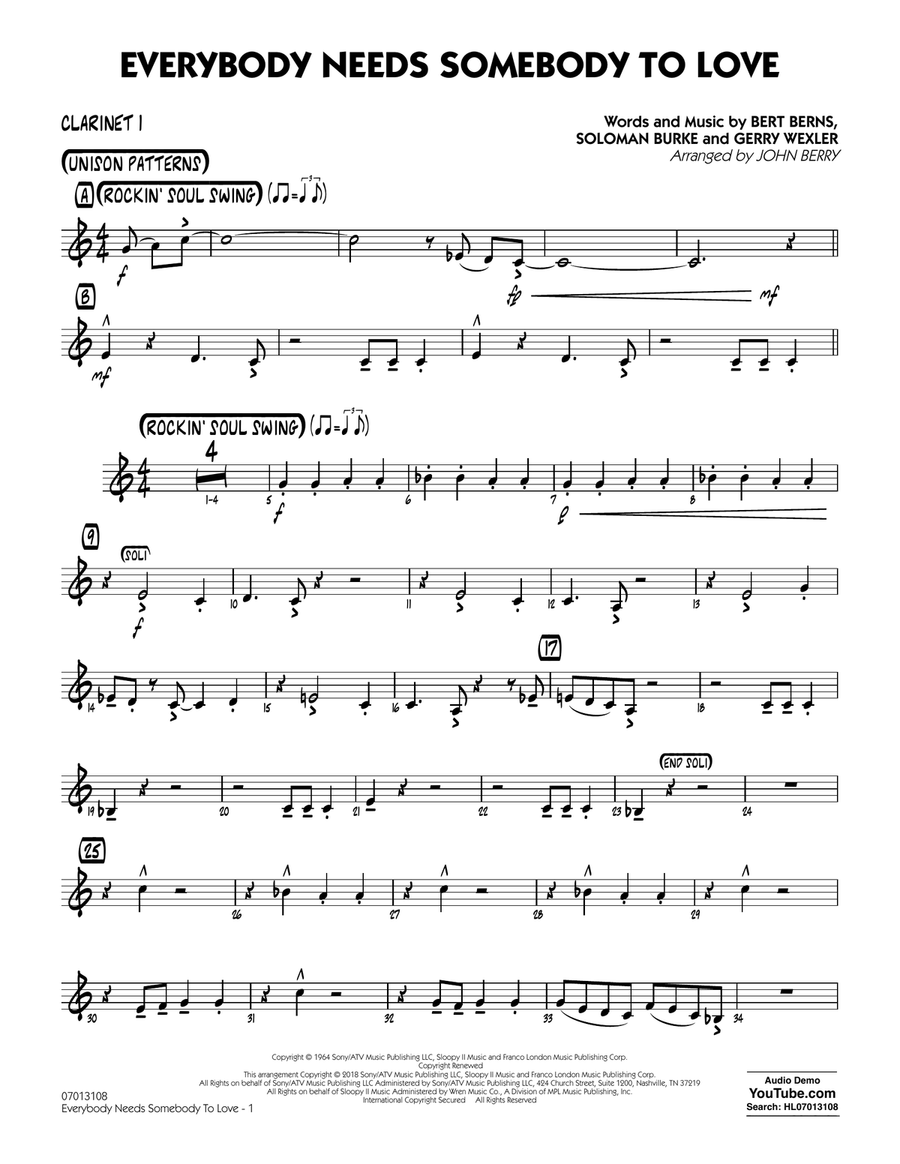 Everybody Needs Somebody to Love - Bb Clarinet 1 Jazz Ensemble scores gallery preview page 1