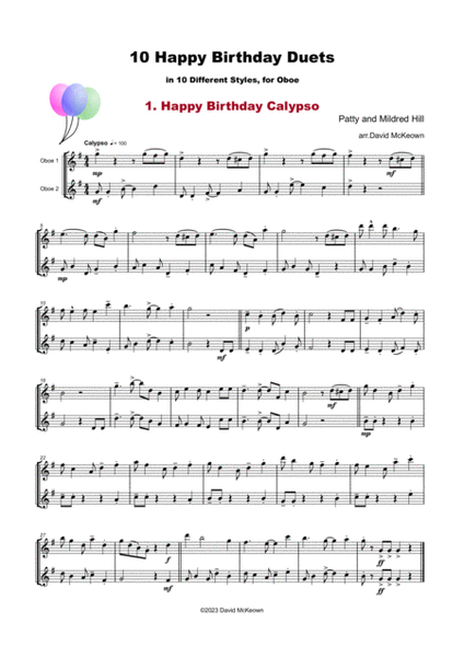 10 Happy Birthday Duets, (in 10 Different Styles), for Oboe