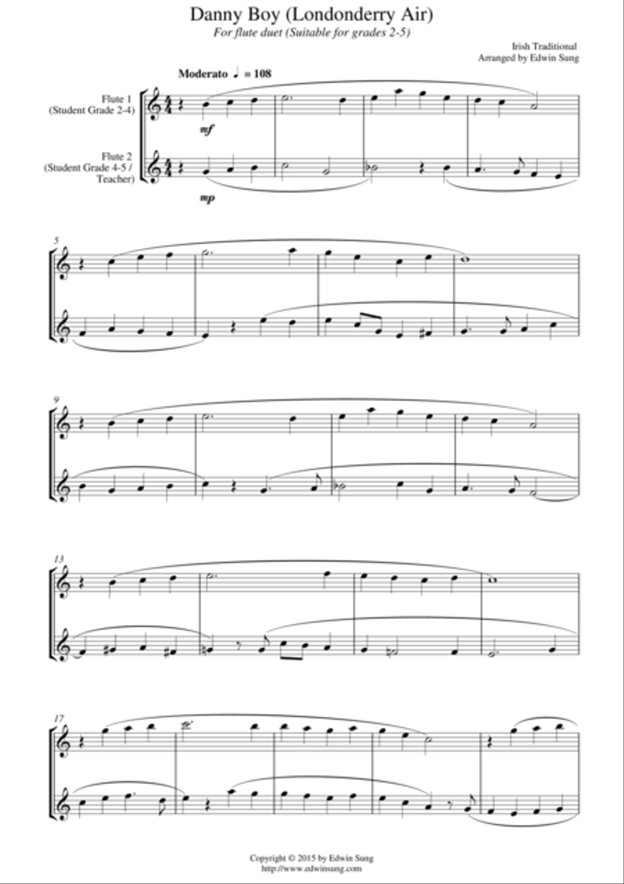 Danny Boy (Londonderry Air) (for flute duet, suitable for grades 2-5) Flute Duet scores gallery preview page 1