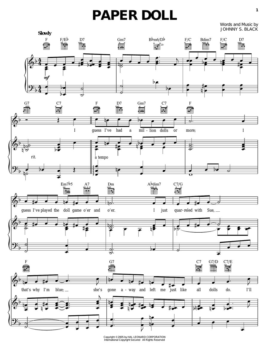 Paper Doll Piano, Vocal, Guitar scores gallery preview page 1