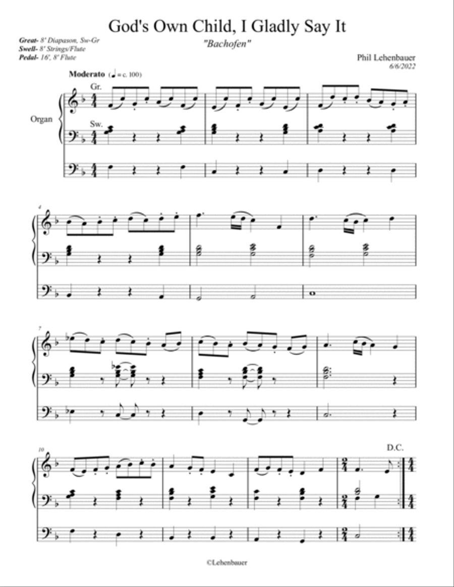 God's Own Child, I Gladly Say It (Bachofen), organ work by Phil Lehenbauer Organ Solo scores gallery preview page 2