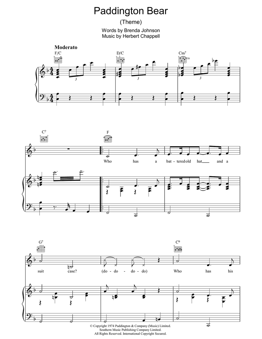 Paddington Bear Paddington Bear Piano, Vocal, Guitar scores gallery preview page 1