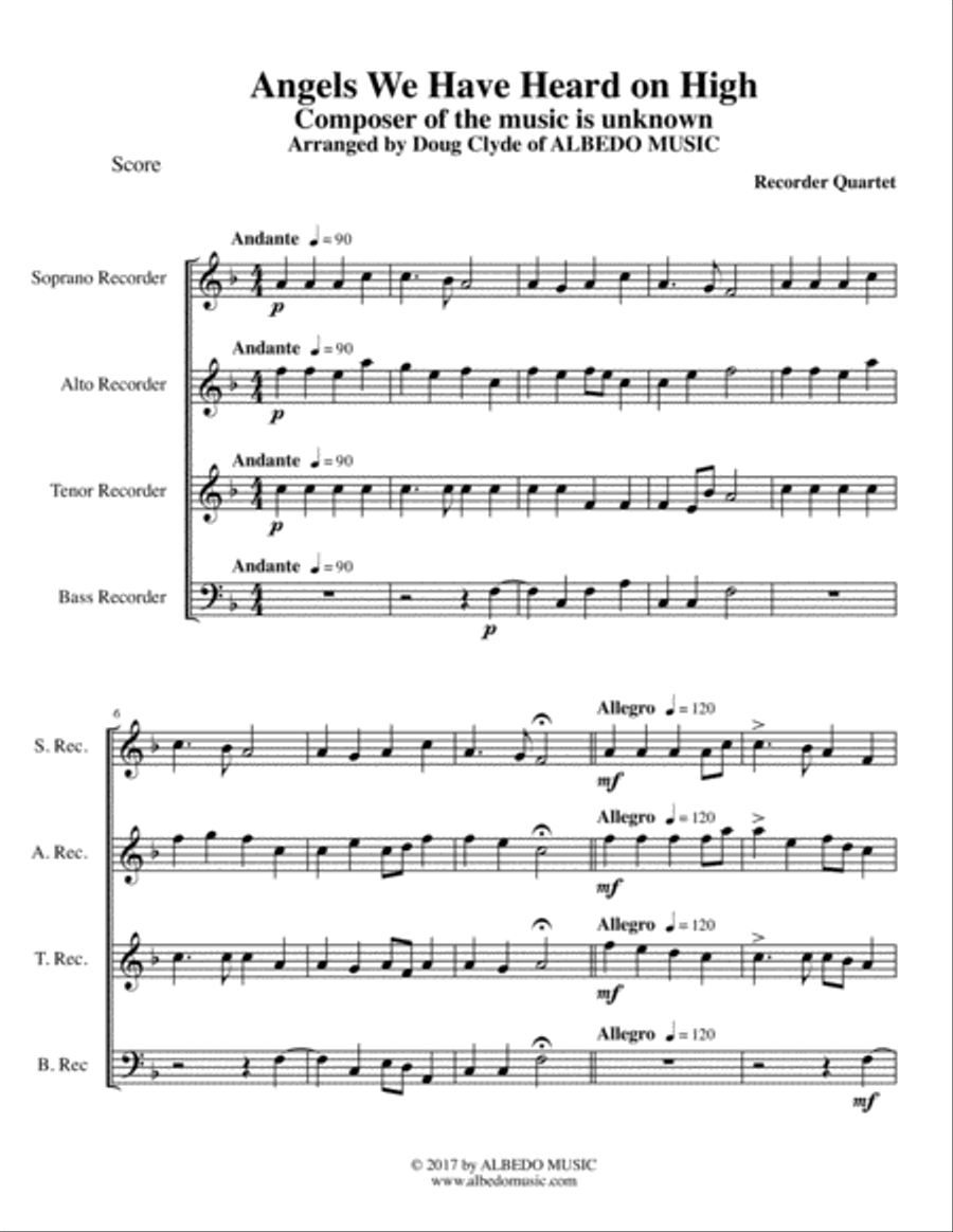Angels We Have Heard on High for Recorder Quartet Small Ensemble scores gallery preview page 1