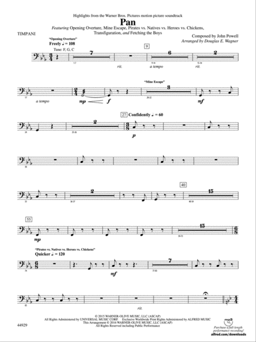 Pan: Highlights from the Warner Bros. Pictures Motion Picture Soundtrack: Timpani Concert Band scores gallery preview page 1