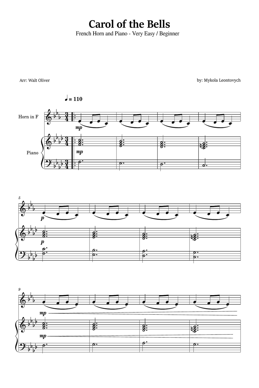 Carol of the Bells for French Horn and Piano (Very Easy - Beginner) in F minor Piano scores gallery preview page 1