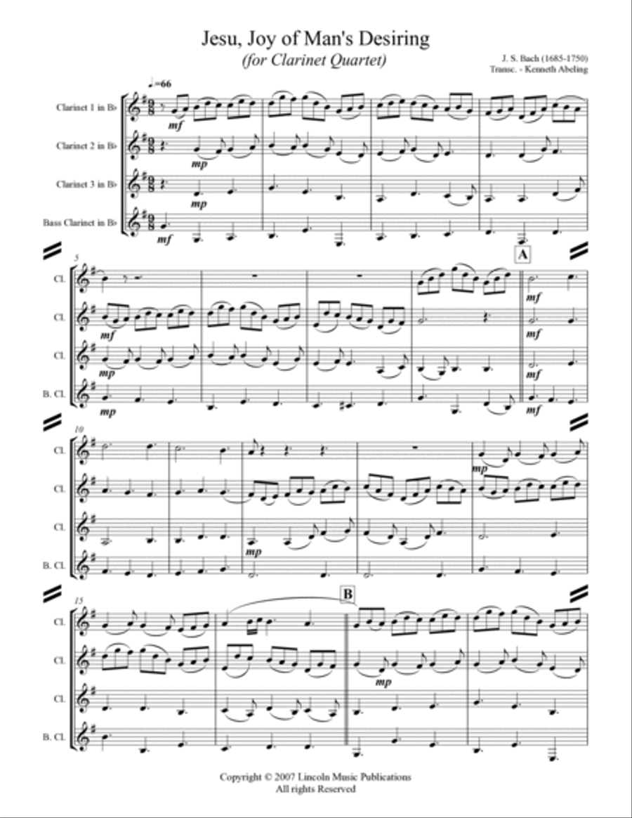Bach - Jesu, Joy of Man’s Desiring (for Clarinet Quartet) Clarinet Quartet scores gallery preview page 2