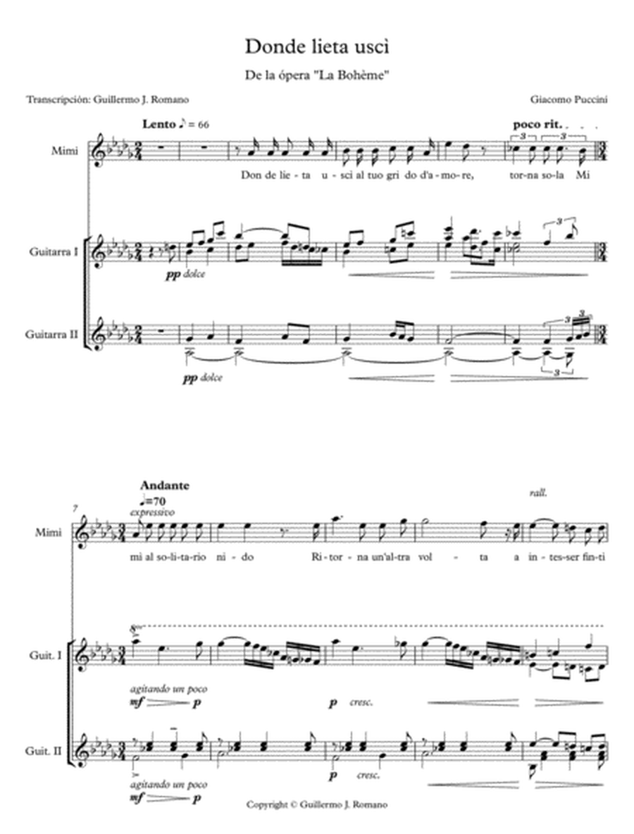 Donde Lieta Uscì - La Bohème - Voice and two guitar - Full Score and Parts