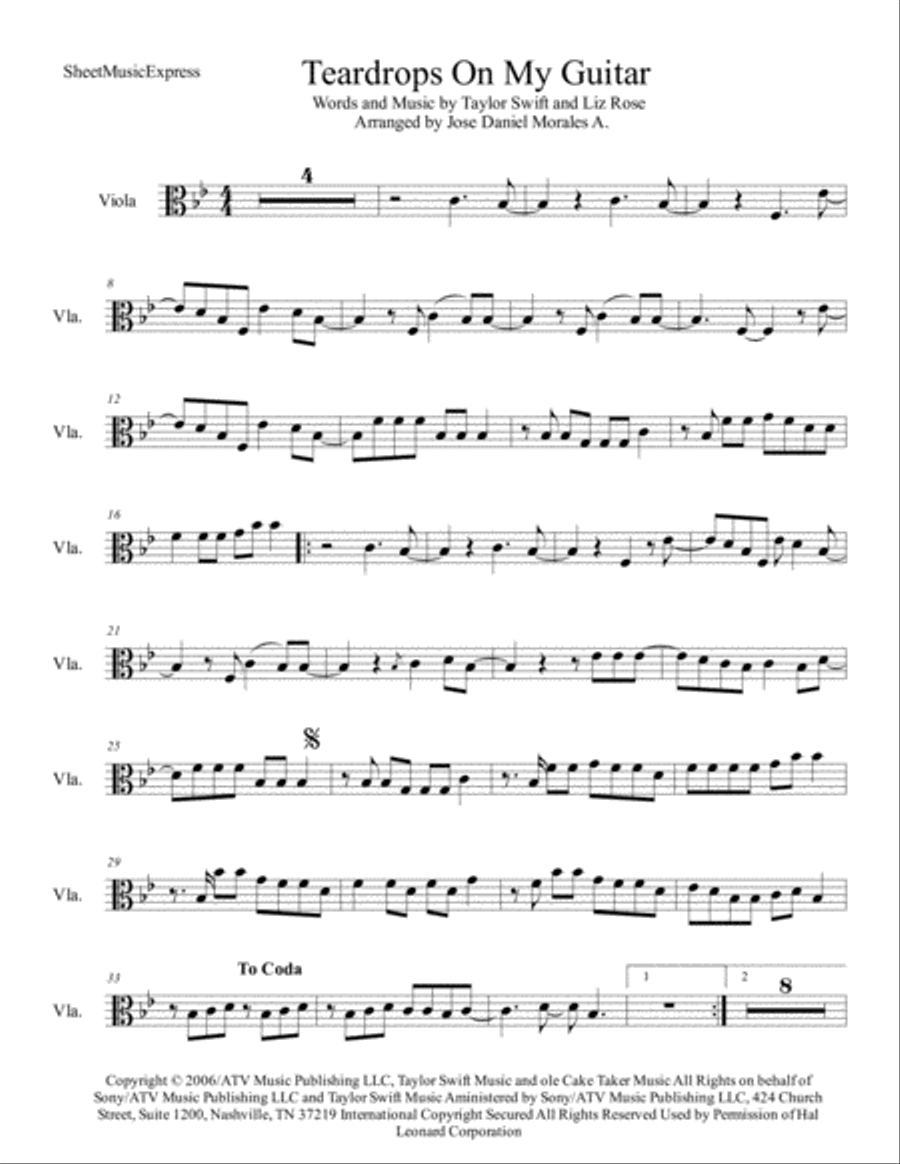 Teardrops On My Guitar Viola Solo scores gallery preview page 1