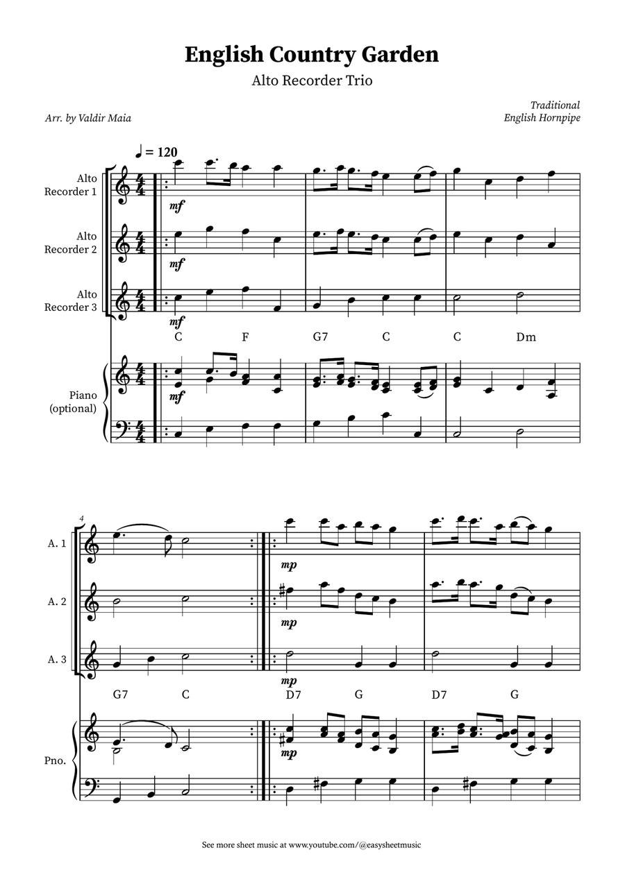English Country Garden – Alto Recorder Trio Sheet Music (with Optional Piano) Alto Recorder scores gallery preview page 1