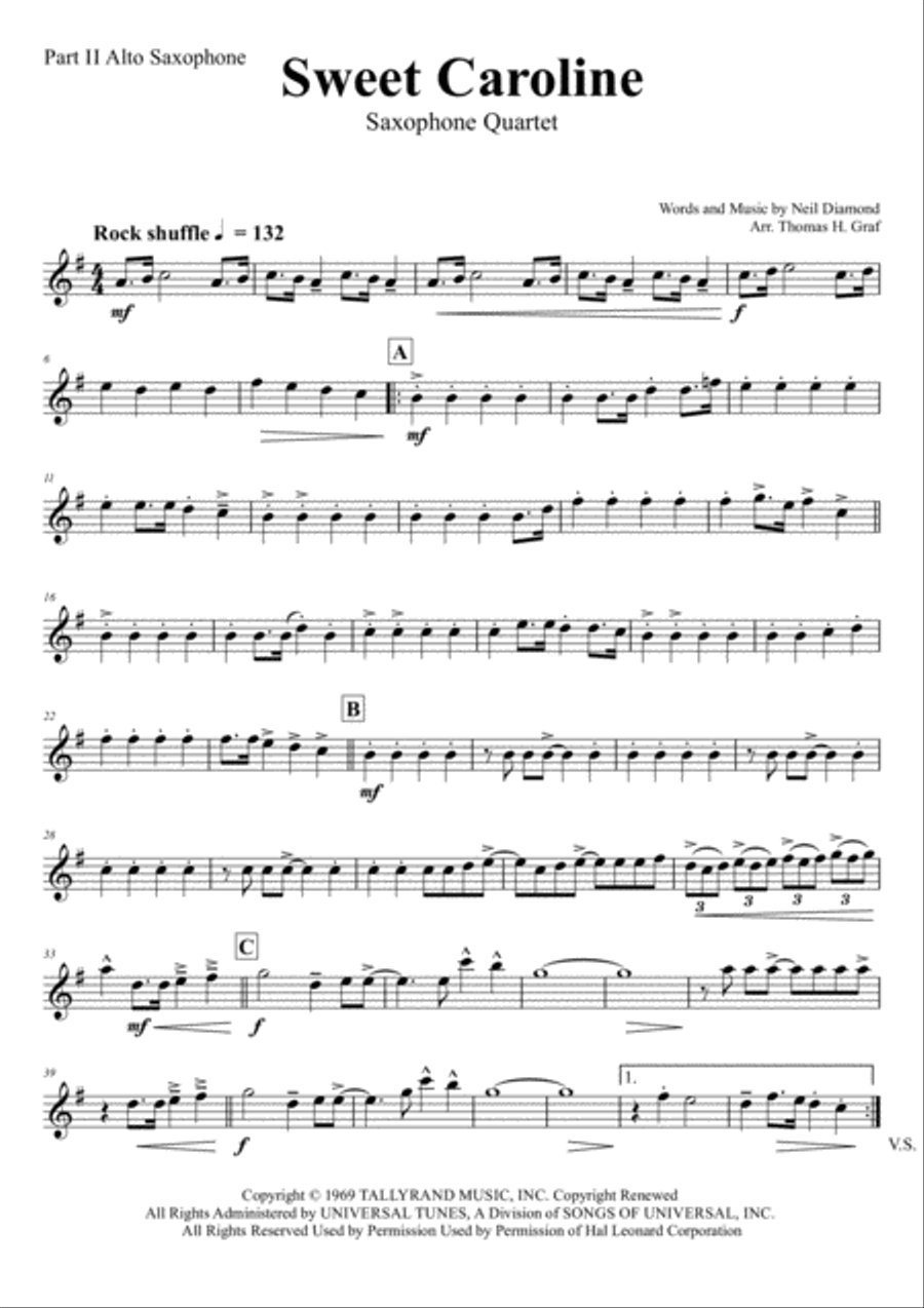 Sweet Caroline Saxophone Quartet scores gallery preview page 6