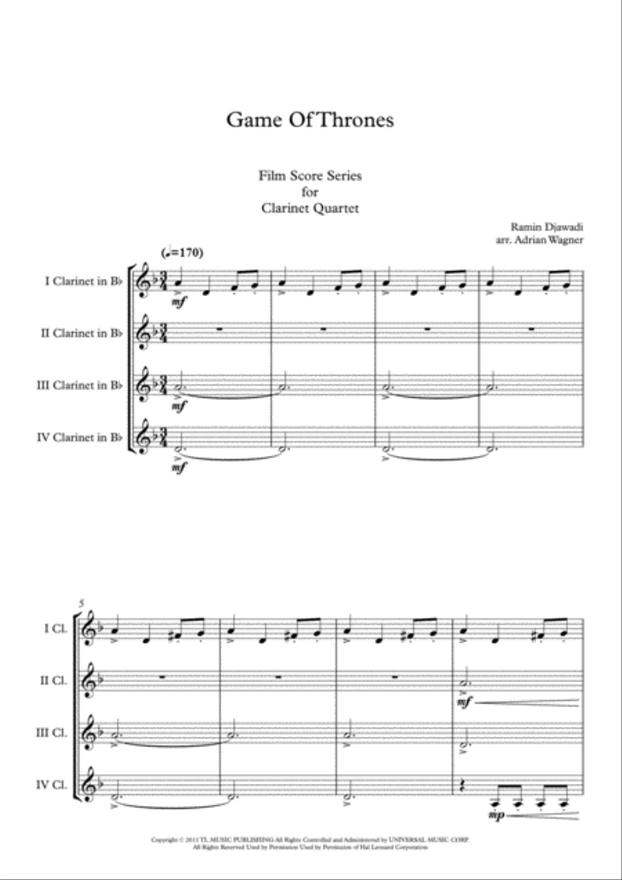 Game Of Thrones Clarinet Quartet scores gallery preview page 3