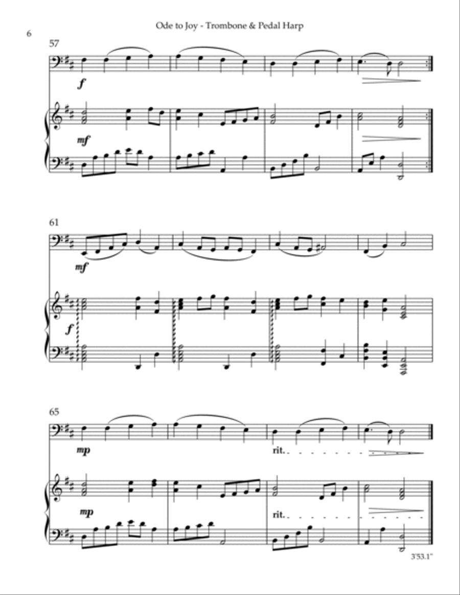 Ode to Joy, Duet for Trombone & Pedal Harp Trombone Duet scores gallery preview page 6