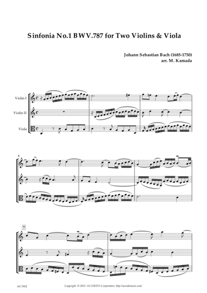 Sinfonia No.1 BWV.787 for Two Violins & Viola image number null