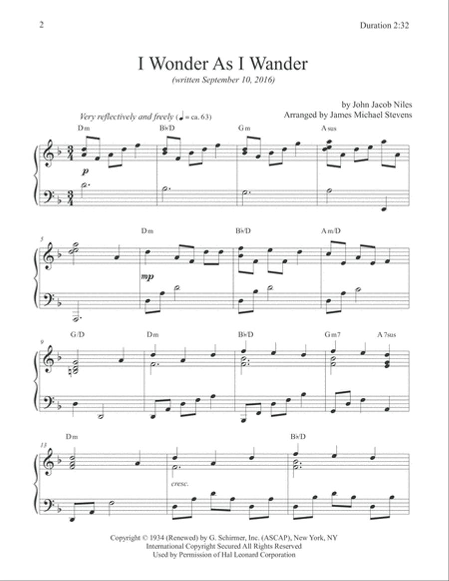 I Wonder As I Wander Piano Solo scores gallery preview page 2