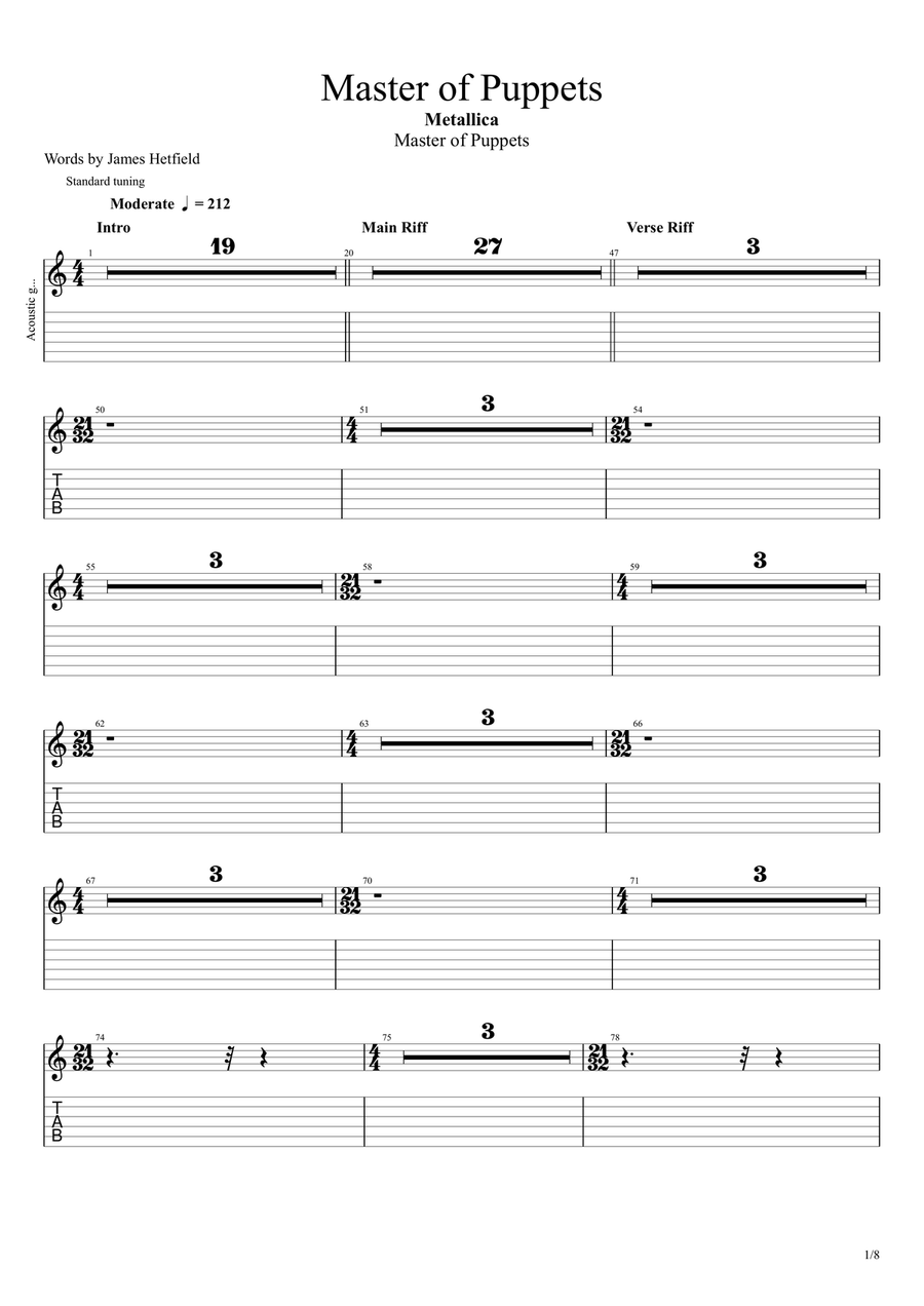 Master Of Puppets Guitar Tablature scores gallery preview page 1