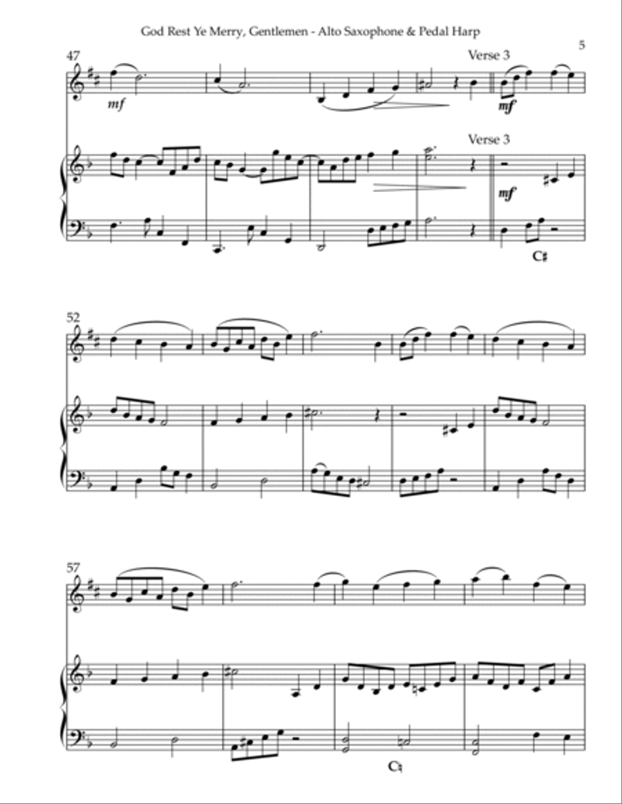 God Rest Ye Merry, Gentlemen, Duet for Eb Alto Saxophone & Pedal Harp Alto Saxophone scores gallery preview page 5