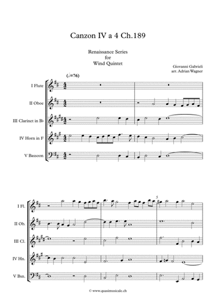 Canzon IV a 4 Ch.189 (Giovanni Gabrieli) Wind Quintet arr. Adrian Wagner image number null