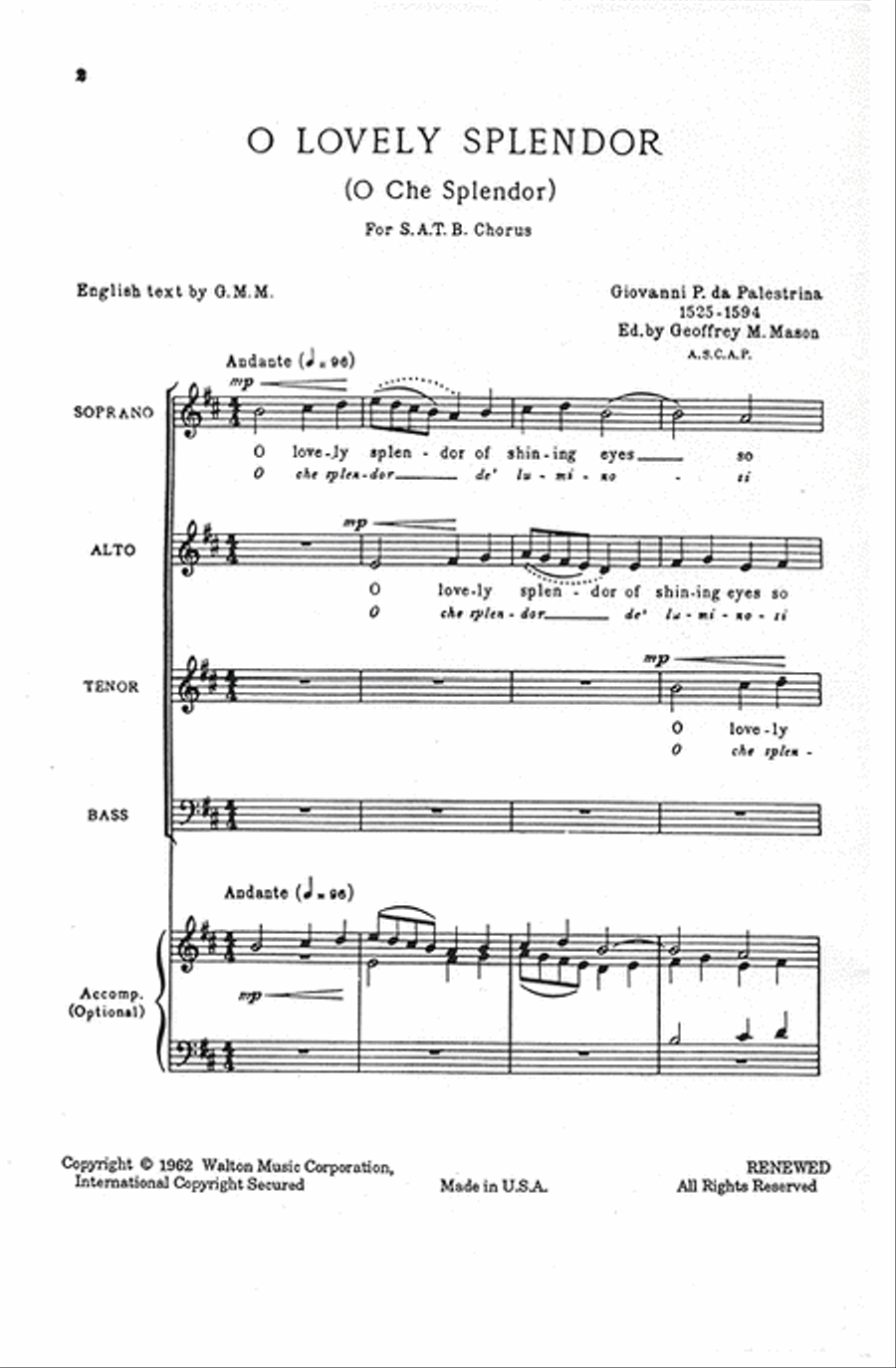O Lovely Splendor (O Che Splendor) 4-Part scores gallery preview page 2