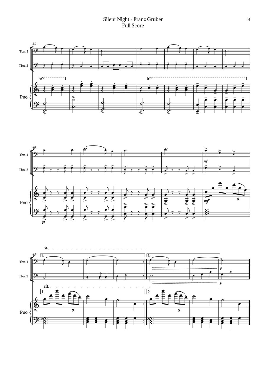 Silent Night for Trombone Duet with Piano Trombone Duet scores gallery preview page 3
