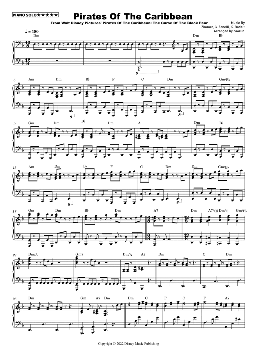 Pirates Of The Caribbean Piano Solo scores gallery preview page 1
