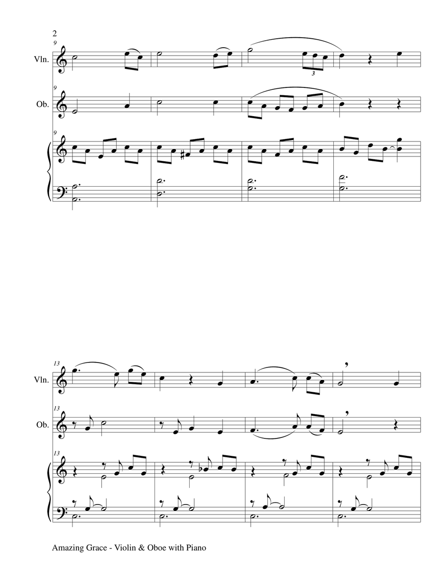 AMAZING GRACE (Violin & Oboe with Piano - Score & Parts included) image number null