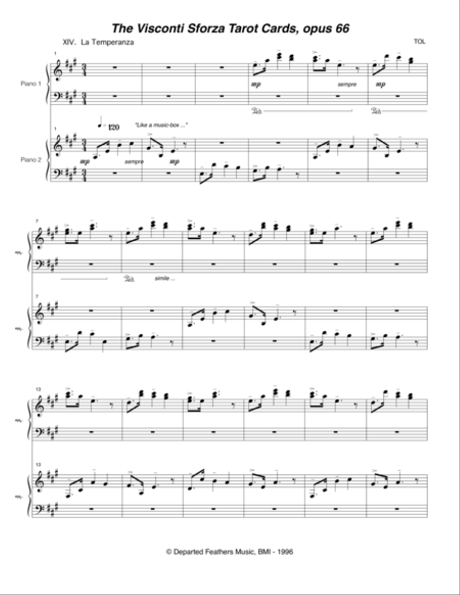 Visconti Sforza Tarot Cards, opus 66 ... Twenty Two Salon Pieces For Two Pianos (1996) 15 La Tempera 2 Pianos, 4-Hands scores gallery preview page 1