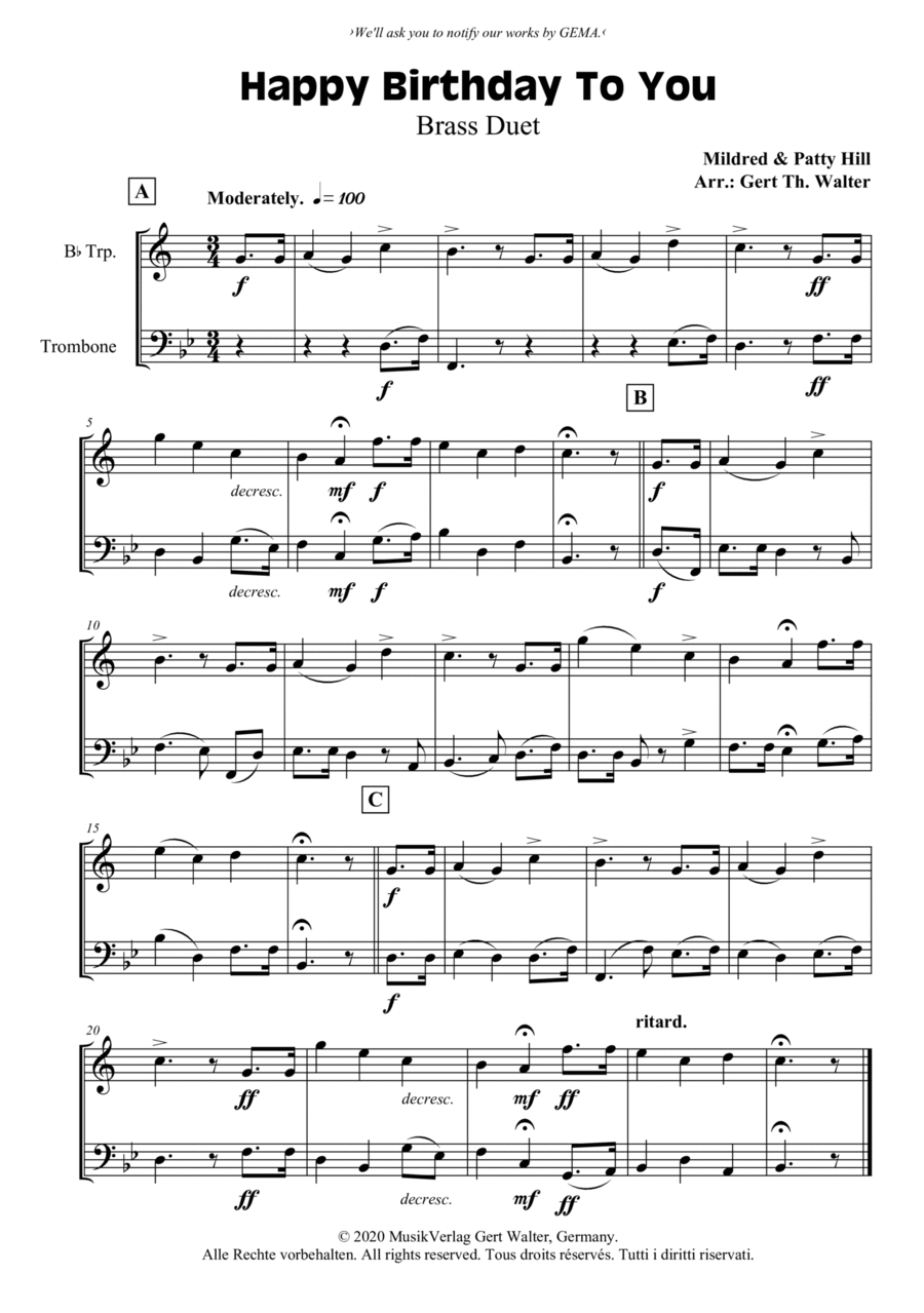 Happy Birthday To You Brass Duet scores gallery preview page 1
