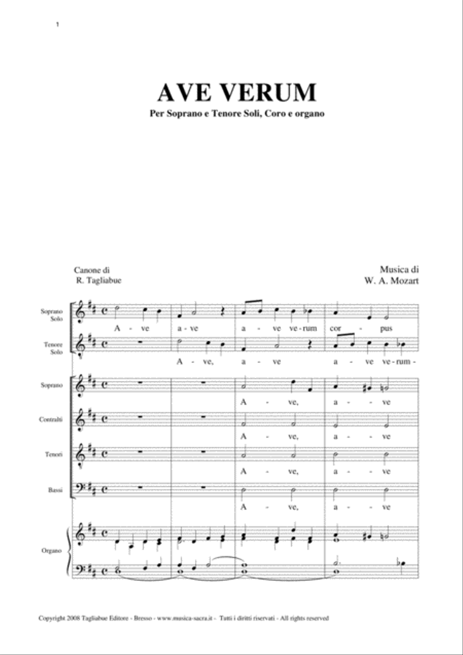 AVE VERUM - Canon on AVE VERUM Mozart's - For Sopran and Tenor Soli, Choir SATB and Organ 4-Part scores gallery preview page 1