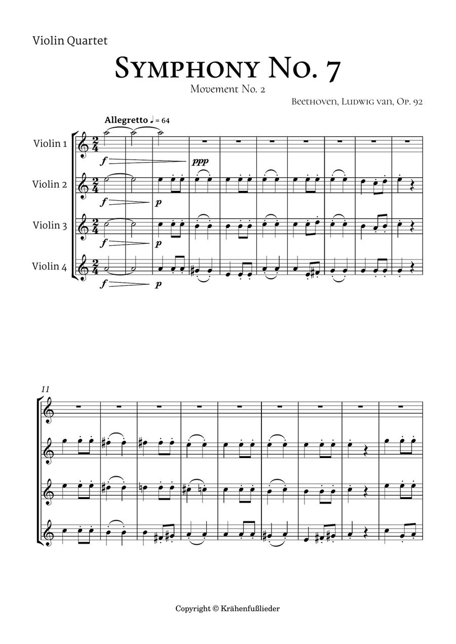 Beethoven Symphony 7 Movement 2 Allegretto for Violin Quartet String Quartet scores gallery preview page 2