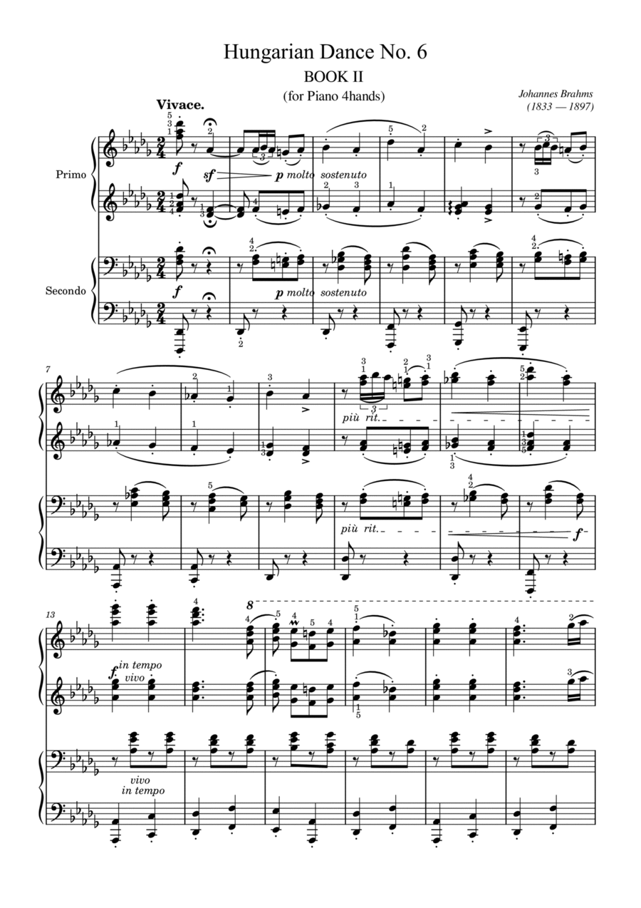 Brahms - Hungarian Dance No.6 in D Flat - Original With Fingering For Piano 4 Hands 1 Piano, 4-Hands scores gallery preview page 1