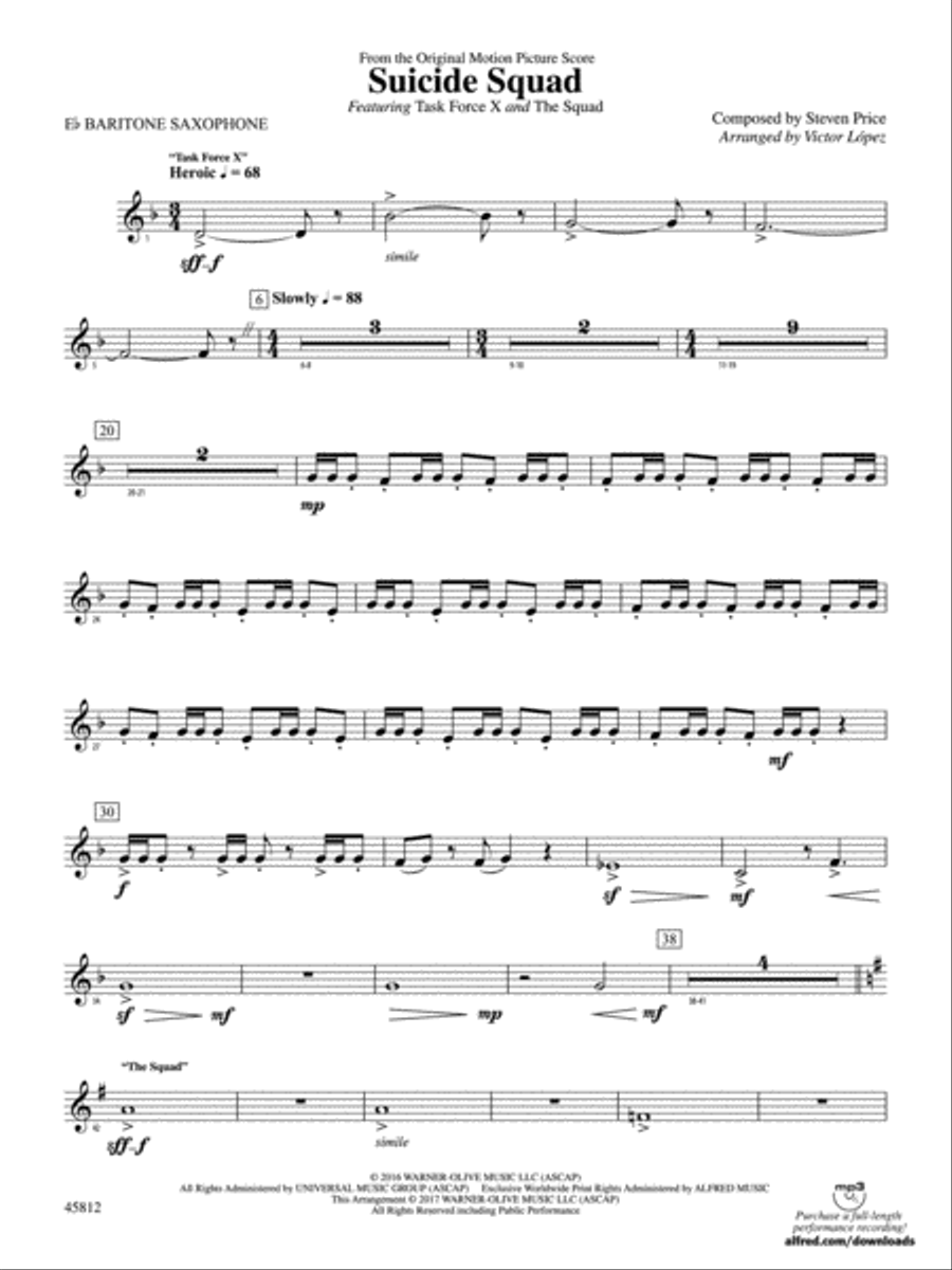 Suicide Squad: E-flat Baritone Saxophone Concert Band scores gallery preview page 1