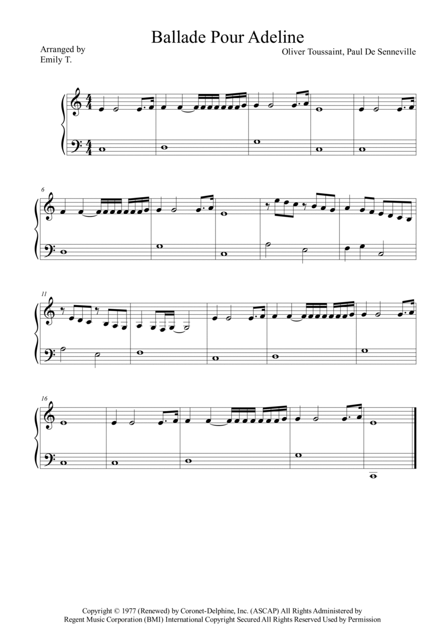 Ballade Pour Adeline Easy Piano scores gallery preview page 1
