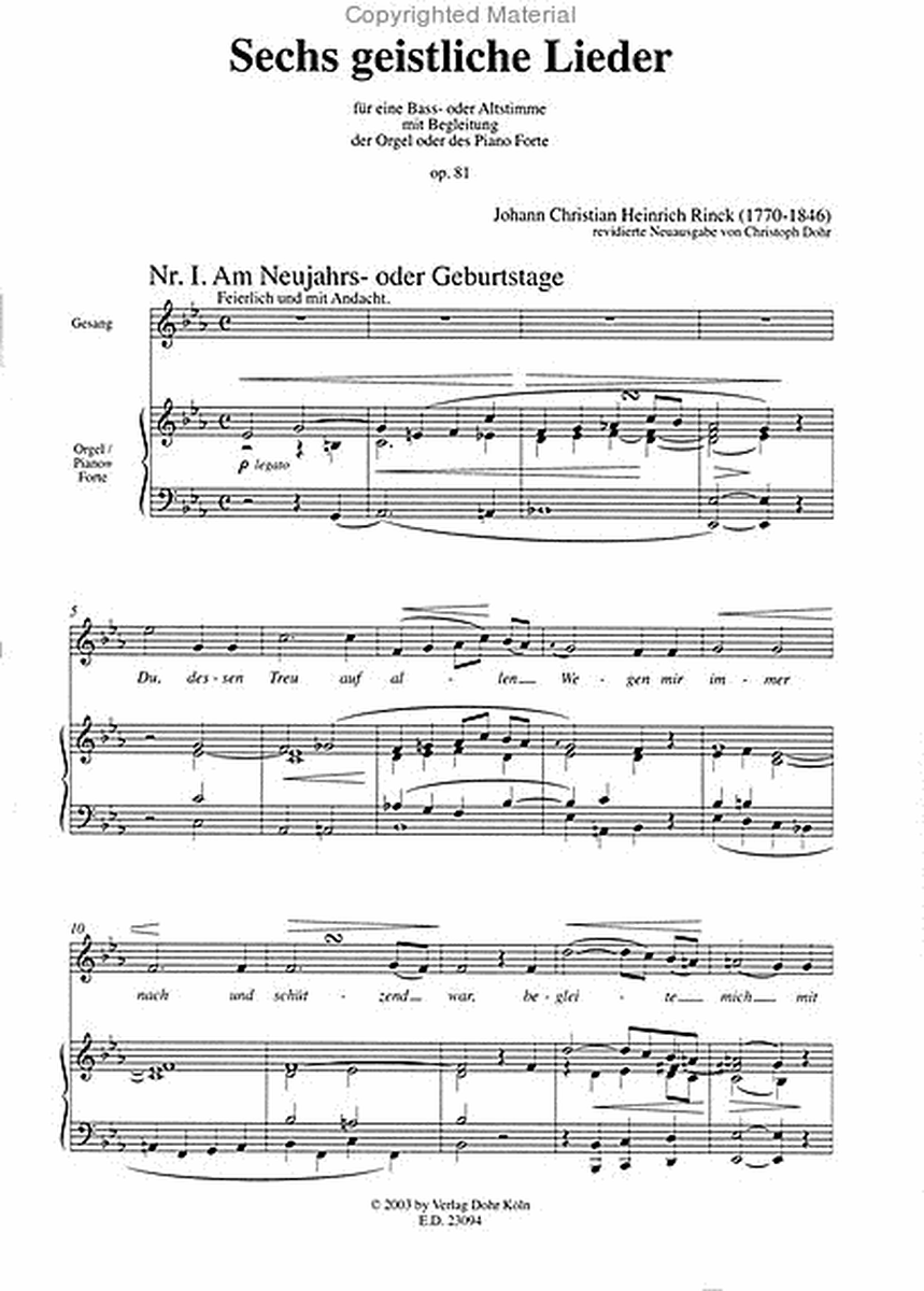 Sechs geistliche Lieder op. 81 (1826) -für eine Bass- oder Altstimme mit Begleitung der Orgel oder des Pianoforte-